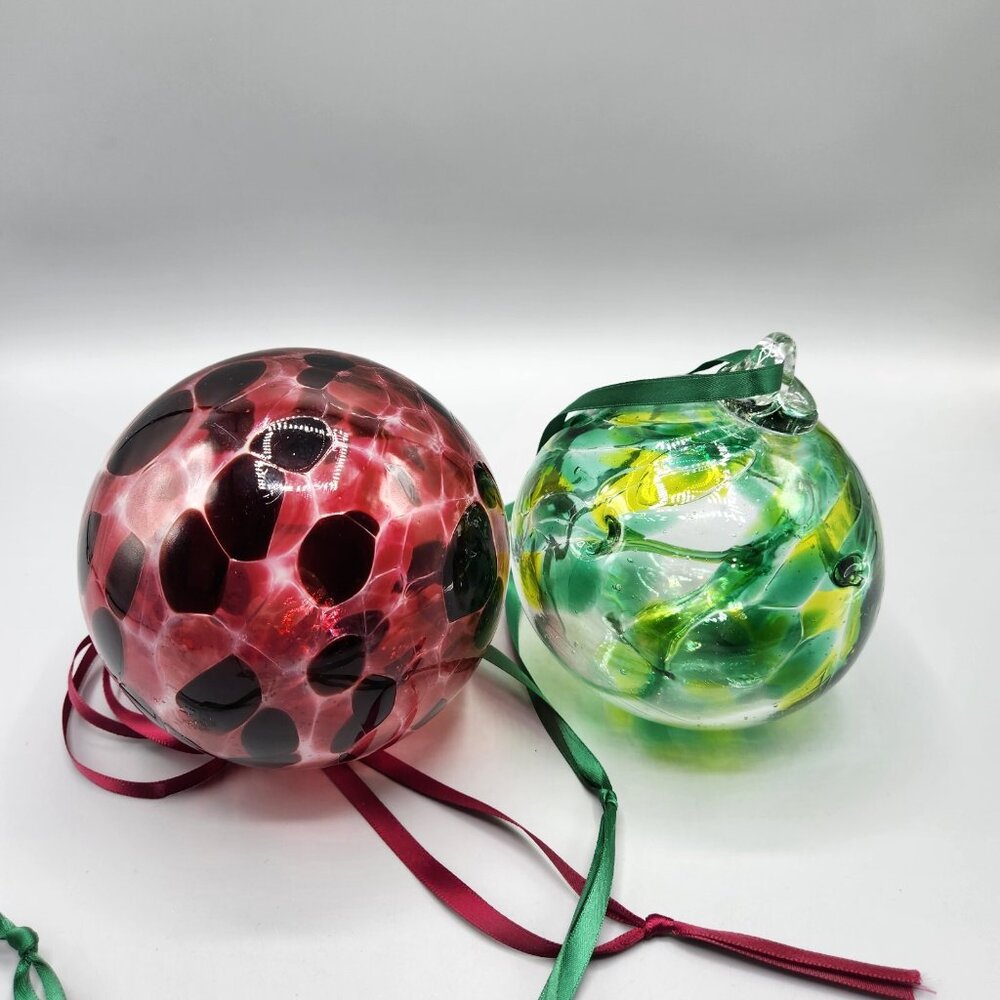 Art Glass Spirit Tree Large Ball Ornaments Green Red Hand Blown Orb Lot of 2
